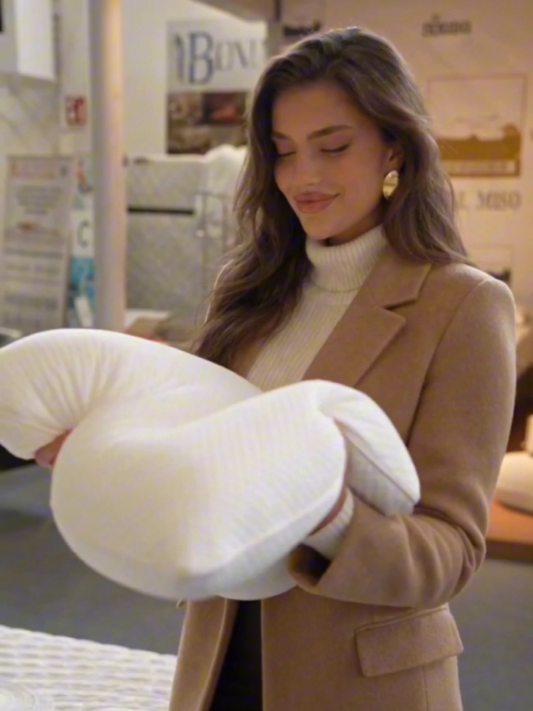 Una cliente prova un cuscino su un materasso nello showroom Dormiflex
